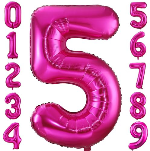 40in Hot Pink 5 Balloon, Helium Foil Mylar Giant Number 5 Balloon for Girls Birthday Party Wedding Anniversary Decoration