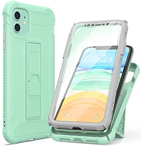 ORETECH for iPhone 11 Case, and [2 Pack Tempered Glass Screen Protector] [Built-in Kickstand] Military Grade Shockproof Case for iPhone 11 Phone Case Full Body Silicone TPU Bumper Cover - Mint Green