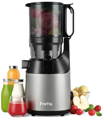 Fretta Extracteur de jus Max, Extracteur de jus de fruits et légumes, Slow Juicer Grand diamètre de 135 mm, 1.8L pressé à froid, Sans BPA, Gris