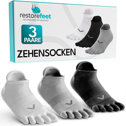 RestoreFeet Zehensocken Herren Five Finger – 3 Paar Socken mit Zehentrenner aus Baumwolle – Barfußsocken Atmungsaktiv, Bequem, Unisex