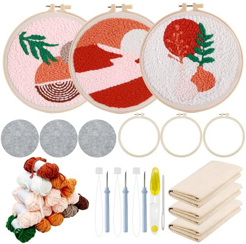 Allazone 3 Stück Punch Needle Stickerei Set für Anfänger, Stanznadel Stickerei Starter Kit mit Instruction Stanznadelstoff Muster Set, Pflanzen und Sonnenuntergang