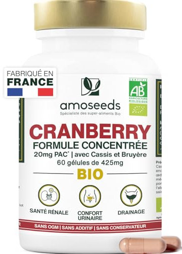 Cranberry BIO | 5% PAC, Extrait Haute Concentration | Confort Urinaire, Reins, Vessie | Formule avec Cassis et Bruyère Bio | 60 gélules | Fabriqué en France | Qualité Supérieure