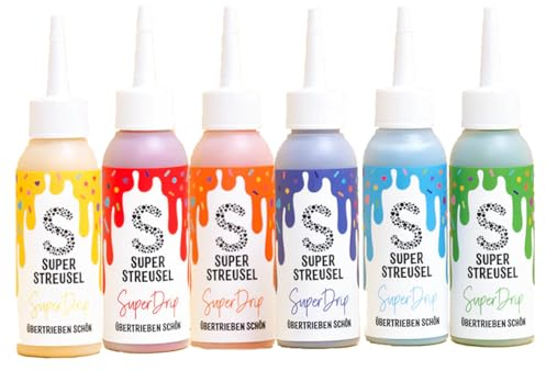 Super Streusel Super Drip RegenbogenSet 6x 130g Flaschen Vanille Schoko Geschmack | Drip Glasur für Kuchen Torten Plätzchen Muffins und co. | Drip Cake Glasur | Super Drip Cake Set