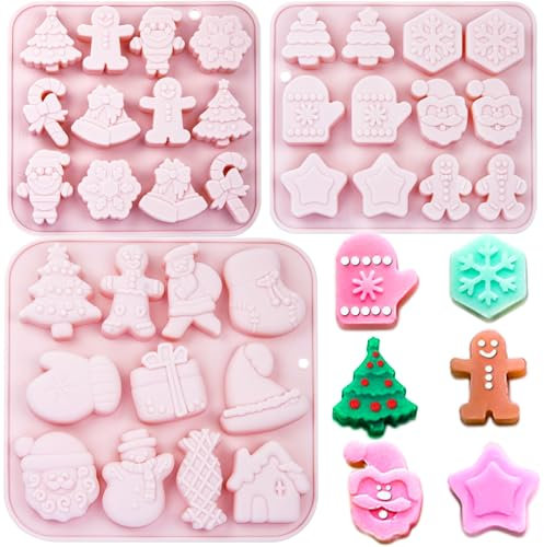 3 Stück Weihnachts-Silikonformen für Schokolade, Weihnachten, Silikon-Backform, Urlaub, Gummibaum, Weihnachtsbaum, Schneemann, Lebkuchenmann, Formen für Gelee, Eiswürfel, Seifen, Kerzen, Kekse