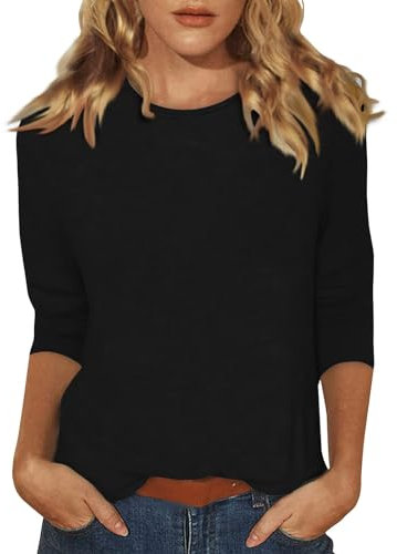 Women Tops Women's Lightweight Solid Color Tops 3/4 Sleeve Casual Gym Fashion Daily Ladies Summer Round Neck T-Shirts 01-Black L