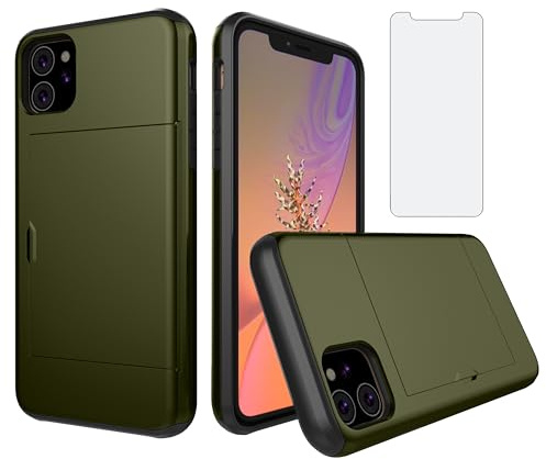 Asuwish Phone Case for iPhone 11 6.1 with Tempered Glass Screen Protector Cover and Accessories Card Holder Slot Slim Hybrid Rubber Cell iphone11case iPhone11 i Phone11 11s XI 11R Women Men Army Green