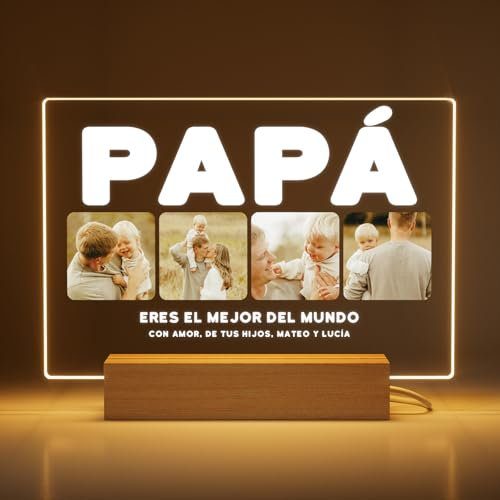 Greatminer Marco Personalizado para Papá con Fotos y Frase - Regalo Día del Padre - Regalo Papá Personalizado - Placa Metacrilato 18x14 cm con Base LED Opcional