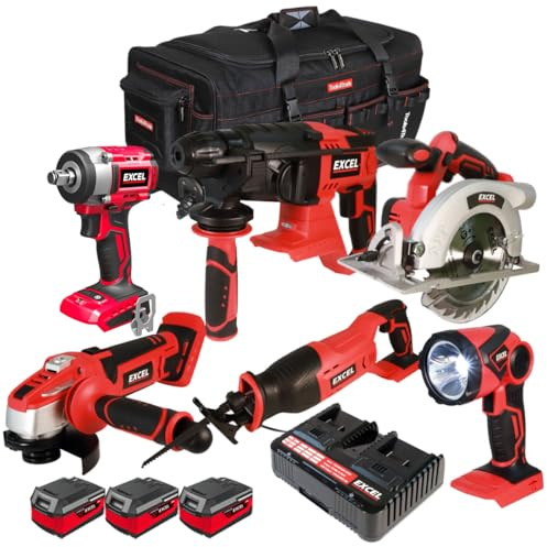 Excel 18V 6 Piece Power Tool Kit with 3 x 4.0Ah Battery & Charger - Twin 18V Cordless Combo Kit