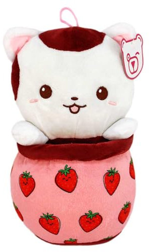 BEMIRO Katzen Kuscheltier im Bubble Tea – 25 cm – Kawaii Style mit gesticktem Gesicht & Schlaufe zum Anhängen (Rot)