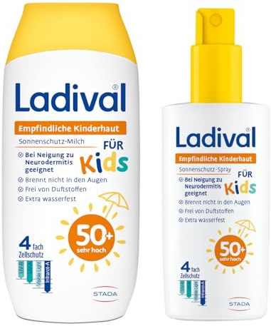 Ladival Empfindliche Kinderhaut Sonnencreme Spray 150ml + Milch 200ml LSF50 | Bundle für Babys & Kinder ab 6 Monaten, extra wasserfest, 4-fach Zellschutz, UVA/UVB-Schutz, speziell bei empfindlicher Haut