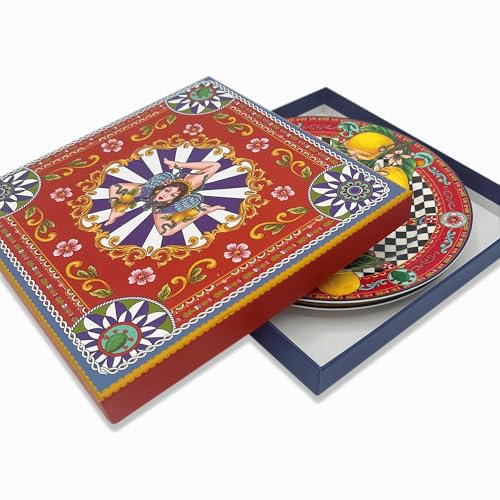 DIVINA Italian Design Set 2 Piatti Ceramica Trinacria, 19 cm, Decorati con Limoni e Motivi Mitologici, con Luxury Box - SF171