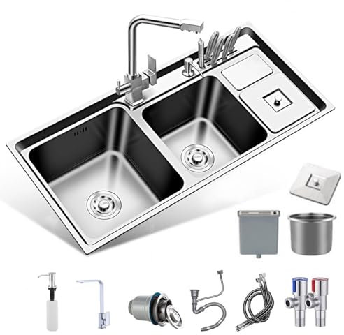 YLME Évier De Cuisine Évier Double en Acier Inoxydable 304 avec Poubelle Intégrée Évier De Travail À Encastrer Ou À Poser pour Le Lavage Et La Préparation des Aliments