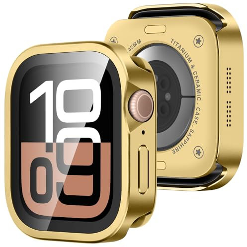 Amizee Metall Hülle Kompatibel für Apple Watch Series 10 46mm mit Displayschutz, Gerade Kante Ultradünn Kratzfeste mit Rückseite Schutzhülle für iWatch 46mm, Roségold