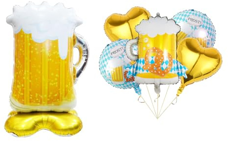 Gleemix Oktoberfest Deko Luftballons Set, XXL Biergläser Folienballon Stehend, Bier Luftballon, Luftballons Blau Weißer, Gold Herzförmige Luftballons, Bayerische Deko Ballons Set für Oktoberfest Party