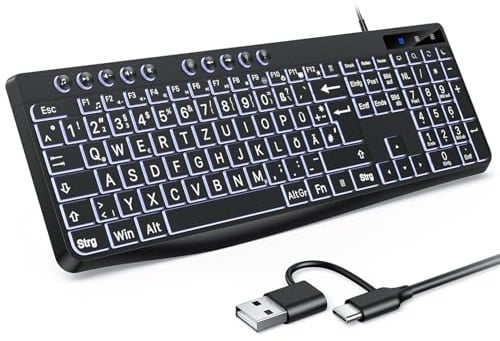 OMOTON Beleuchtete Kabel Tastatur für Senioren, Kinder, Sehbehinderte | PC Tastatur, QWERTZ Weiß Beleuchtet mit großem Druck, 2 in 1 USB A/C-für Windows mit Multimedia-Tasten
