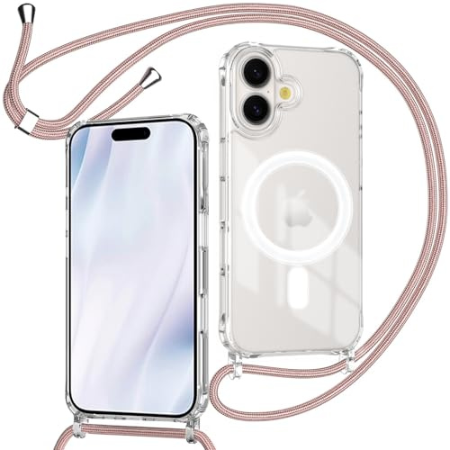 ZYIMOU für iPhone 17 Hülle mit Band Kompatibel mit MagSafe, Transparent Magnetische Handyhülle mit Kordel zum Umhängen Handyband Stossfest Schutzhülle,Kette Rosé Gold
