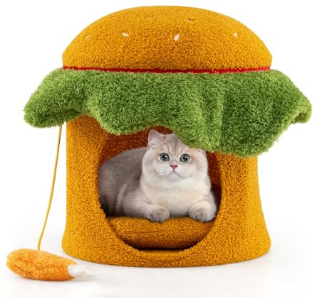 FANTASK Katzenhaus mit Höhle, Katzenbett & Spielzeug, Schlafplatz für kleine Katzen, Indoor Katzenmöbel, Hamburgerförmig, Katzenhöhle mit waschbarem weichem Kissen (Orange)