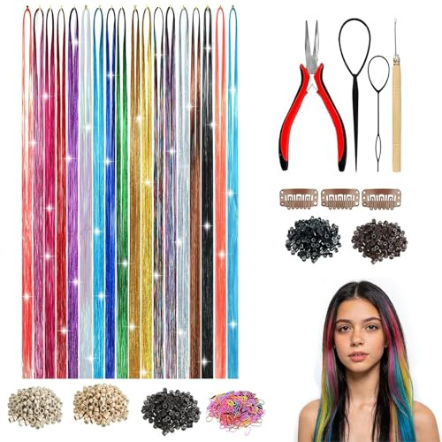 Hair Tinsel 18 Farben Set, Glitzersträhnen für Haare 90 cm mit Werkzeugen, Haar Lametta & Glitzer Haarsträhnen zum Einflechten, Fairy Hair Haarschmuck für Mädchen Frauen Festival Party