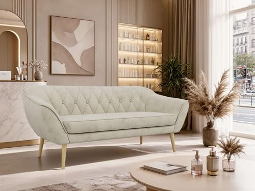 MKS MEBLE Sofa PIRS 3-Sitzer - Skandinavisches Design Couch, Gesteppte Polsterung, Wellenfederung, bequemes Polstersofa für Wohnzimmer - Buche Beine, Beige Velvet