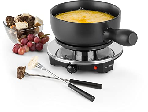 Klarstein Sirloin - Raclette with Fondue Set, Table Grill, Party Grill, Fondue Set, Enameled Ceramic Pot, 1200W, Die-cast Aluminium Hotplate, Adjustable Thermostat, Non-Slip Feet, Black