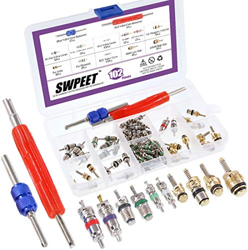 Swpeet 102 pcs Climatisation Valve Core kit d'accessoires, y Compris Assortiment R12 R134 a Valve Core réfrigération Pneu Valve Stem cœurs avec l'Outil de Suppression pour la Plupart des Voitures