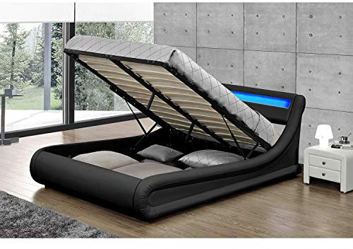 CONCEPT USINE - Lit Portland Double en Simili Noir avec LED & Coffre Rangements Intégrées 140 x 190 cm - Cadre de Lit Design 2 Places avec Sommier 2 Personnes - Tête de Lit avec LED Multi-Couleurs