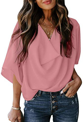 Minetom Camicia Magliette Donna Estiva Top in Chiffon A Maniche Corte 3/4 Manicotto Scollo A V Drappo Blusa Tinta Unita Top T Shirt Camicetta A Rosa 48
