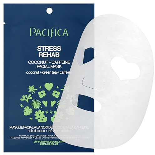 Pacifica Sheet Mask - Skin Rehab Coconut & Caffeine Facial Mask - Sheet Mask for Redness & Puffiness, Infused w/Green Tea, Turmeric & Hyaluronic Acid, Vegan & Cruelty-Free Skincare