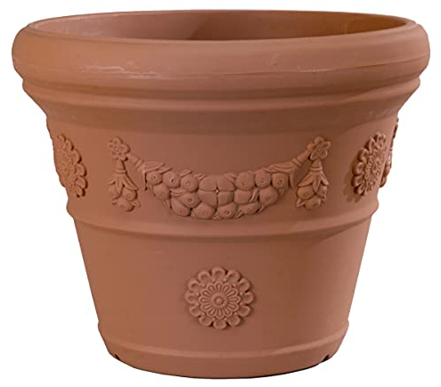 MS-Steinzeug Pflanzkübel 55 cm | Blumentopf in Terracotta Optik mit Design | Übertopf aus Kunststoff - wetterfest, bruchsicher und Winterfest | Pflanztopf in konischer Form für innen & außen