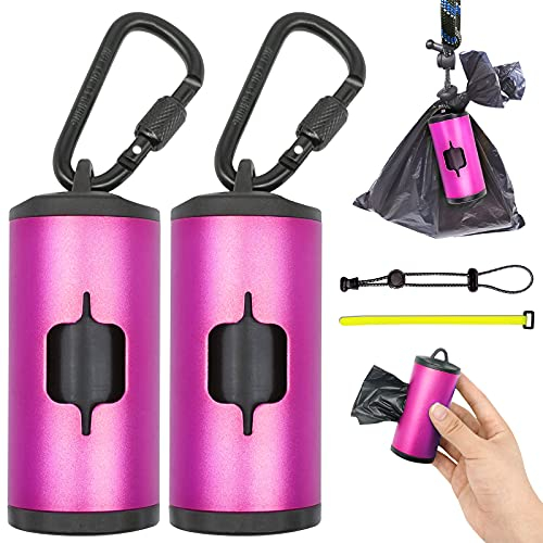 SHAOUMAN Metall-Hundekotbeutelhalter Aluminium-Kotbeutelspender mit 30 schwarzen geruchsneutralen Hundekotbeuteln und 3 Leinen Zubehör(2 Halter 30 Beutel,Rosa)