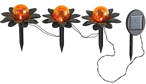 3x Solar-Garten-Außen-Leuchte FLORA mit Spieß, H: 19,8cm, Metall-Blume rostfarbig D: 14,4cm, Glas-Kugel Bersteinfarbig D: 8cm; Kabel 2 M, Abstand zwischen Blumen 50cm, IP44 (1 x 3er Set)