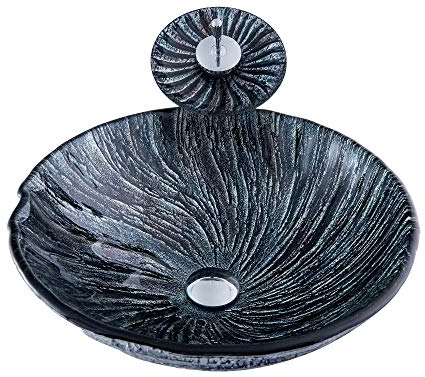 chicstyleme Aufsatzwaschbecken aus gehärtetem Glas Waschbecken Schwarzes rundes Glasbecken mit Wasserfallhahn-Spiralmuster
