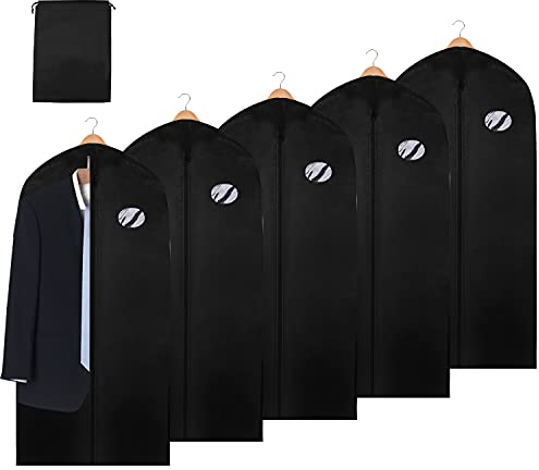 Lospitch Set di 5 sacchi per abiti da 128 x 60 cm, con sacchetto per scarpe, in tessuto non tessuto, con finestra, per abiti, giacca, cappotti, protezione antitarme, colore nero