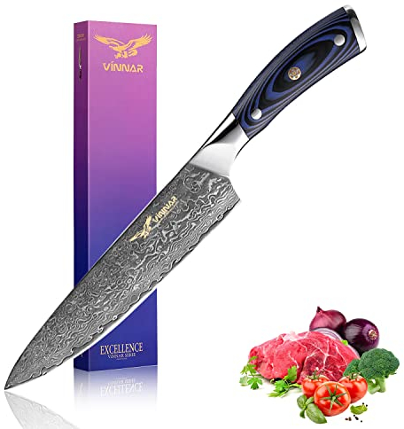 VINNAR Damascus Kitchen Knife 8 Inch, Japanese VG-10 Super Stainless Steel Professional High Carbon Super Sharp Kitchen Cooking Knife, Ergonomic Blue G10 Handle