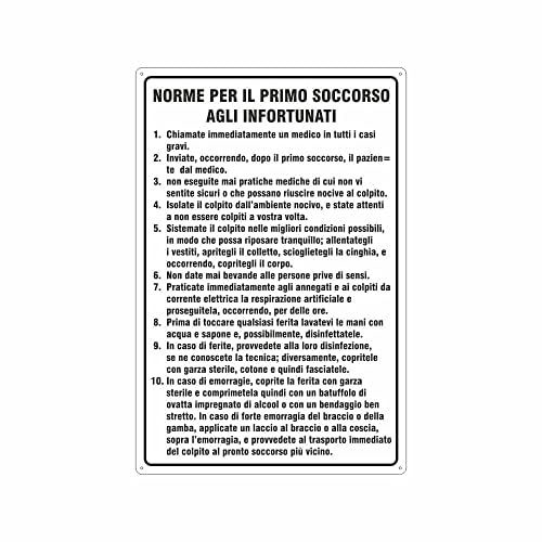 NEW CARTELLO SEGNALETICO - norme per il primo soccorso agli infortunati - Adesivo Extra Resistente, Pannello in Forex, Pannello In Alluminio (PANNELLO IN ALLUMINIO 20X31 CM)