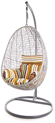 Kideo® Komplettset: Hängesessel mit Kissen und Gestell, Loungemöbel, Swing Chair, Korbsessel. Farbe: grau, Nest-Kissen (Kissen: gestreift Retro (8640 Retro Stripes))