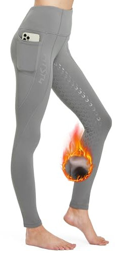 FitsT4 Sports Damen Winterreitleggings Silikon Vollbesatzreithose mit Fleecefutter mit Handytasche und Gürtelschlaufen,Grau,L
