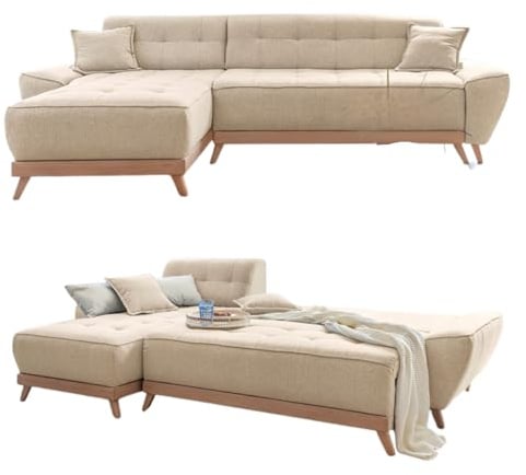MIUFORM Dazzling Daisy S mit Bettkasten | Ecksofa mit umstellbarem Chaiselongue | 4 Sitzer Ecksofa | L-Form | 260 x 166 x 77cm Couch | Klappsofa mit Schlaffunktion | Schlafsofa klappbar (Beige)