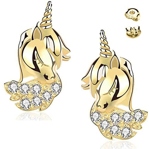 Kinder Mädchen Ohrringe echt 925 Sterling Silber goldene Pferde Einhorn Ohrstecker Geschenkidee (Gold)