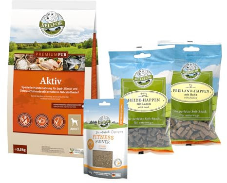 Bellfor Futterset für körperlich aktive Hunde Premium PUR Aktiv 2,5 kg Fitness Pulver 80g Soft-Snacks 2 x 200g