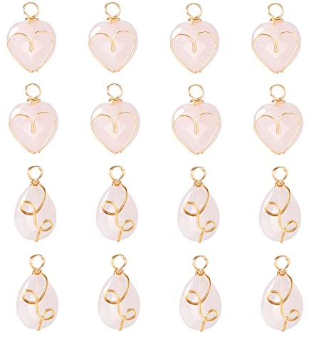 DICOSMETIC 16 Pz 2 Ciondoli Quarzo Rosa Naturale Ciondoli Quarzo Cuore Filo Quarzo Ciondolo Lacrima Filo Avvolto Ciondolo Quarzo Facted Ciondoli per Creazione Gioielli Fai da Te