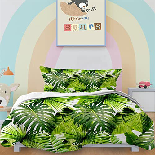YUANZU Palm Leaves Duvet Cover Set Single for Comforter Easy Care Bedding Set 2 Pieces Green Tropical Leaf Jungle Printed Soft Microfiber Quilt Cover with Zipper Closure (135x200cm & 1Pillowcase)