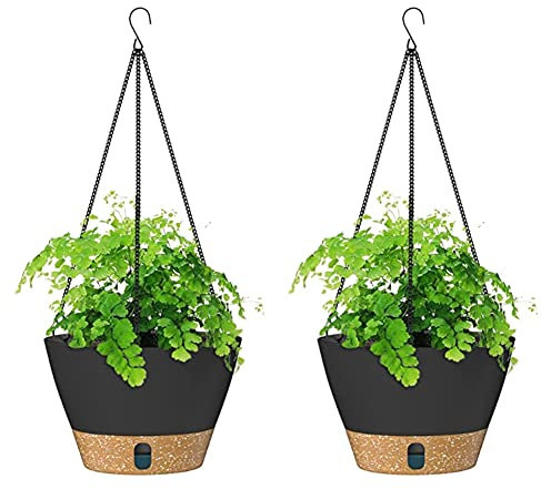 NIDONE 2 Pcs Self-Watering Hanging Planter Pots, Plastic Flower Pot with Drainage Holes & Drip Tray, 10 Inch Round Planter Holders for Indoor & Outdoor Plants