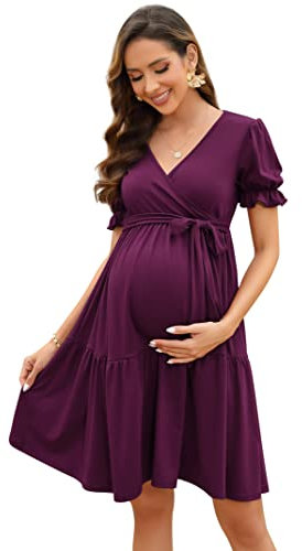 KOJOOIN Robe De Maternité pour Femme Robe d'allaitement À Col en V Robe De Maternité Élégante À Manches Bouffantes avec Volant Fuchsia (Manches Courtes) M