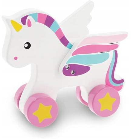 Trefl - Teak Einhorn, Wooden Toys, Bids & Bär - Holzspielzeug auf Rädern, Bewegliche Flügel, Umweltfreundliches Naturholz, Sommerspielzeug für Kinder ab 18 Monaten