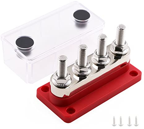 Gloaso Bus Bar Battery Distribution Blocks Copper Made 12V-48V DC 600A with 4x M10 Studs Terminals Blocks, Heavy-Duty Positive Power Distribution Block Buss Bar with Cover 600 Amp, Red
