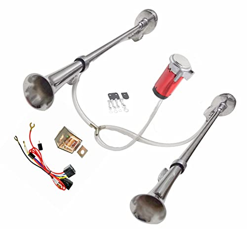 YIYIDA Autohupe Elektrische Hupe Car Horn 12V Schiffshupe Zink Chrom Silber Doppelrohr 170 dB Air Horn Alarm Hupe Lautsprecher mit roter Luftpumpe LKW Hupe für 12V Auto LKW Moto Schiff SUV etc