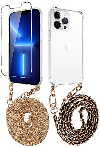Pnakqil Coque pour Samsung Galaxy A51 (4G) avec 2 Cordons et 1 Verre Trempé, Etui avec Chaine Telephone Portable Collier Bandouliere Doré et 9H Protection Ecran Glass, Housse TPU Transparente Antichoc