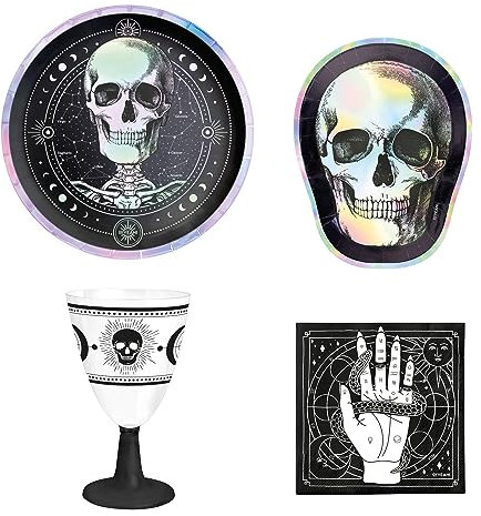 OH YEAH - Decoración Halloween Mesa - Pack 6 Personas - Temática Día de los muertos Infantil y Adulto - Accesorios Fiesta Terror - Platos + Vasos + Servilletas - FÁCIL MONTAJE (Esotérica Modelo 1)