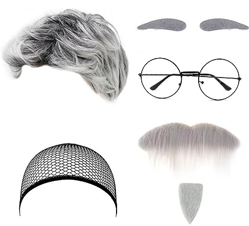 AWAVM 7-teiliges Kostümzubehör für den alten Mann, Kostüm-Set, Perückenkappe, grauer Bart, Augenbrauen, Perückenkappe, Brille, Großvater, Verkleidungsset für Halloween, Party, Bühne, Show, Festival,